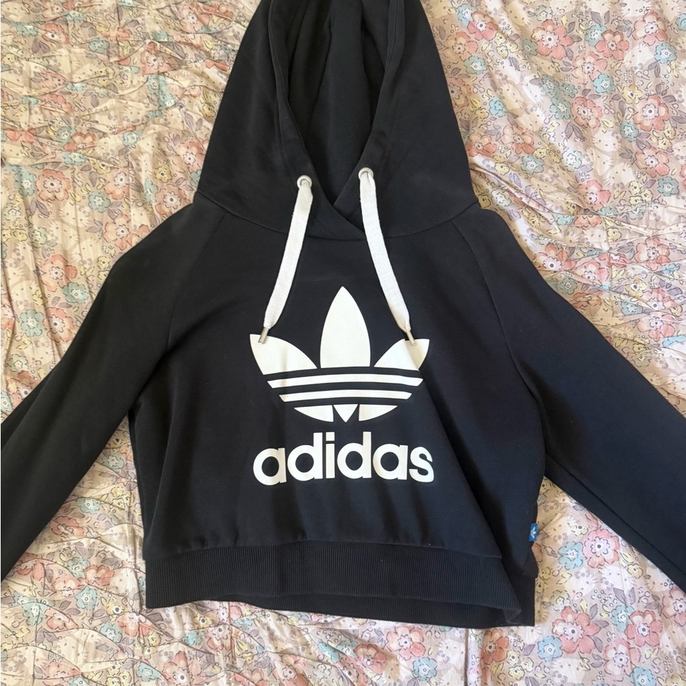 Adidas cropped hoodie with White Trefoil Logo and Drawstrings- xs